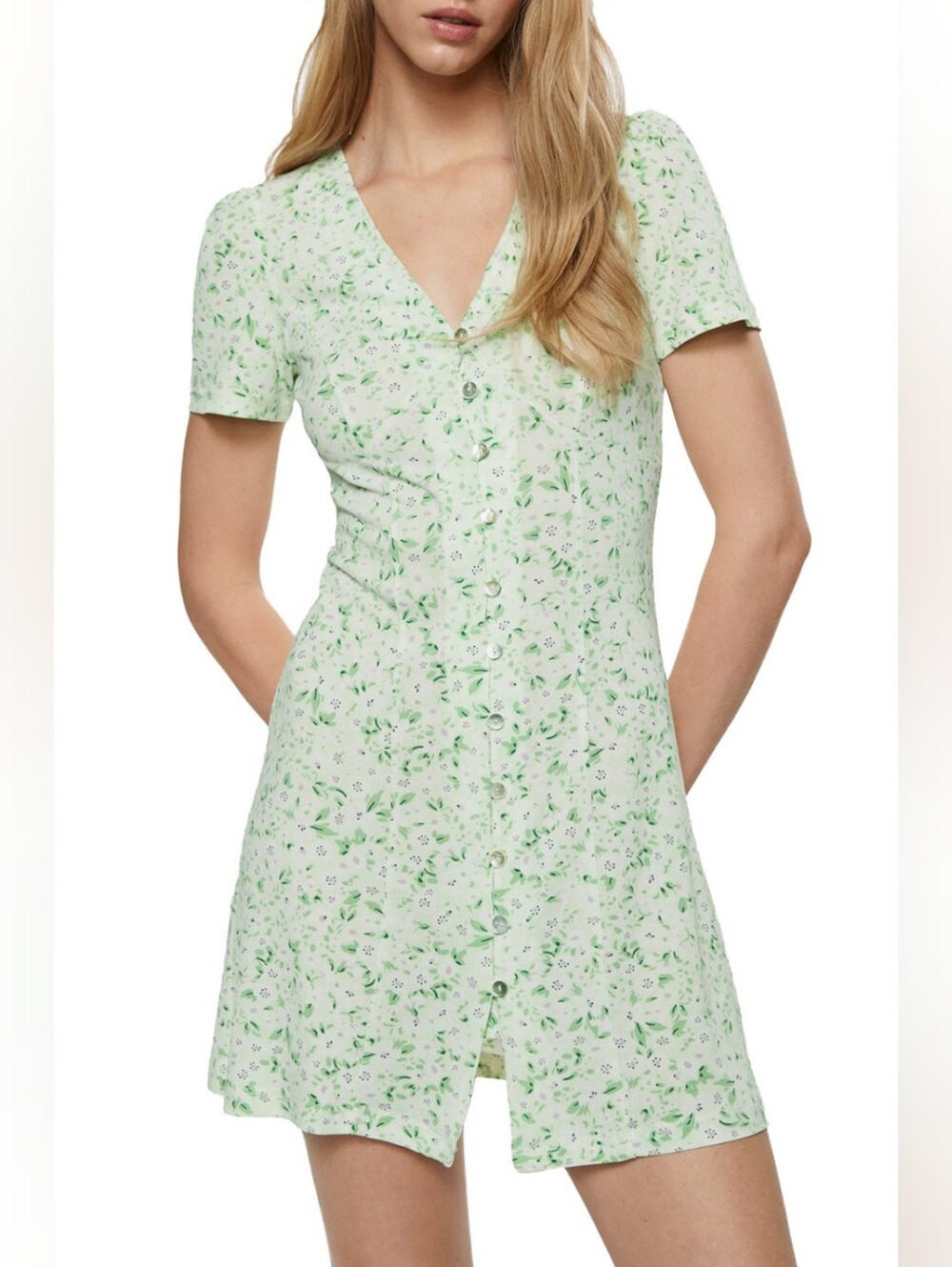 Like New! Mango floral print mini v neck button down dress